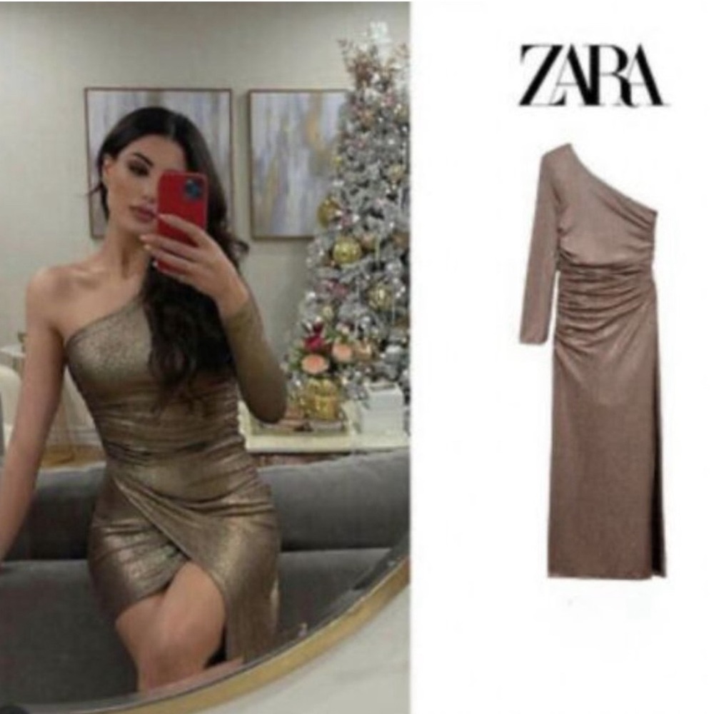 New Zara Sparkly Draped One Sleeve Asymmetric Copper Bronze Dress NWT Size M